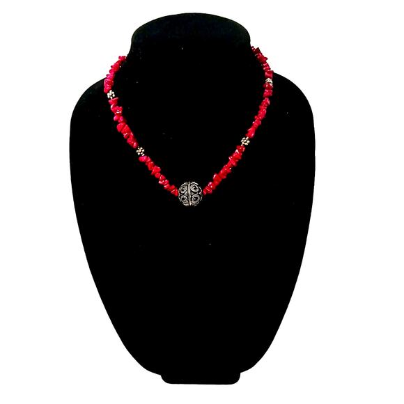 Vntg Red CORAL Necklace 17" STERLING SILVER Beads Asian Art Deco Modern Preppy - Picture 8 of 16